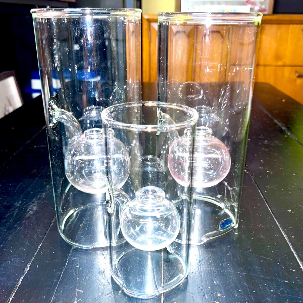 Set of 3. 9”, 9", 6" Wolfard Glass Company Blown Glass Oil Candle Lamp